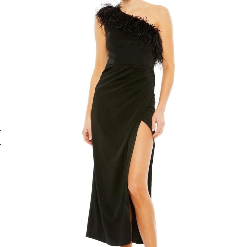 Mac Duggal Black One-Shoulder Feather-Trim Midi Dress